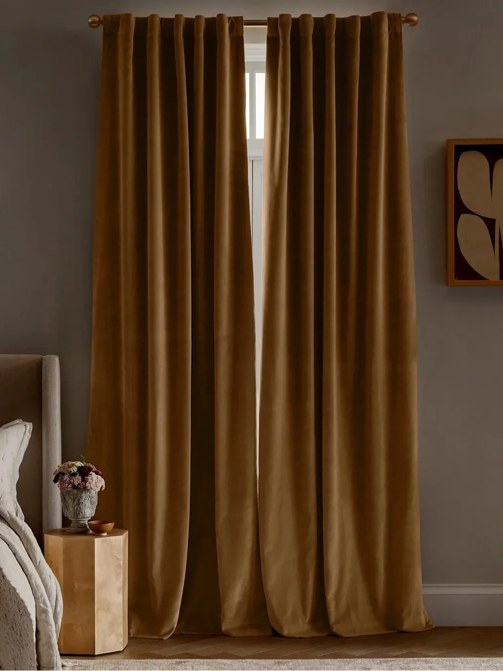 NWT QUINCE 1 48x84 Cotton Velvet True Blackout Curtain Camel 9263